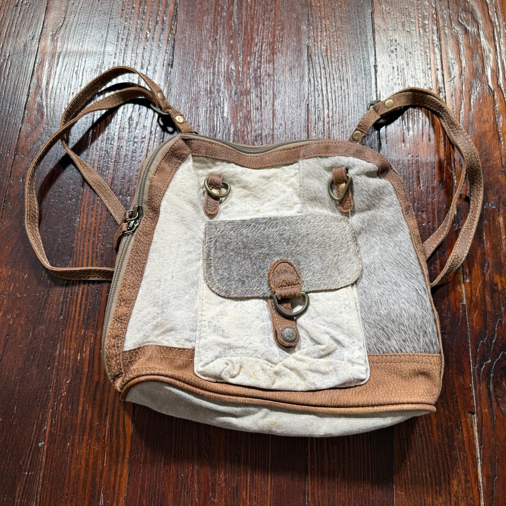 Myra Bag Backpack Brown Cream Canvas Leather Hair-on-Hide Boho